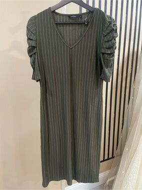 Wardrobe Olive Green Pinstripe Midi Dress with Ruched Puff Sleeves